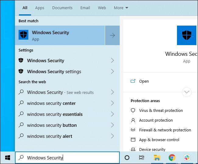 Ярлык Windows Security в меню Пуск