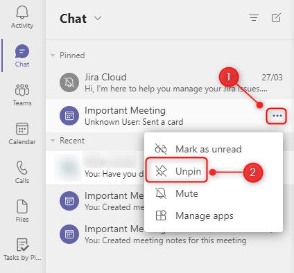 Пункт меню «Открепить» в Teams