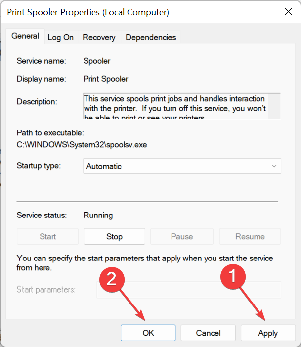 кнопка Применить в свойствах службы