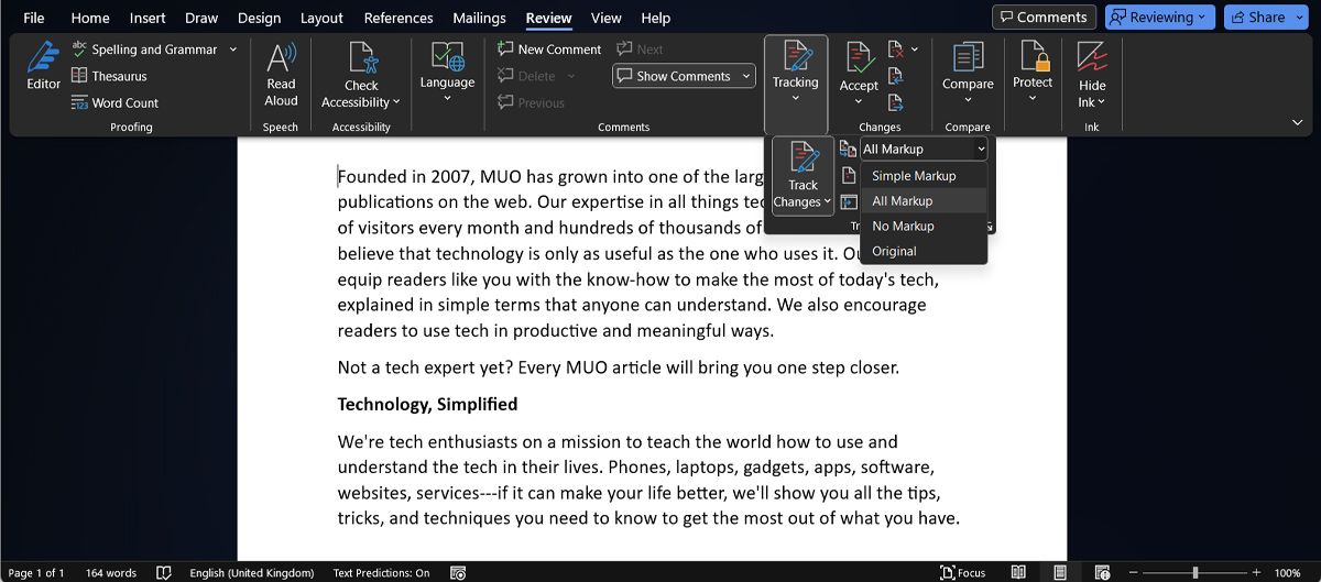 Выбор способа отображения правок в Word