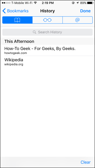 Окно истории браузера Safari — список посещённых страниц