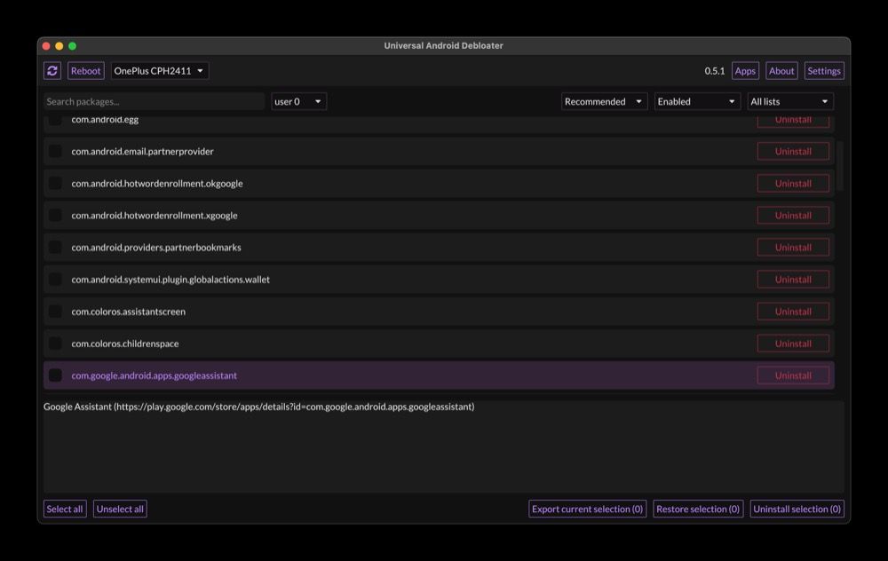 Описание пакета в Universal Android Debloater