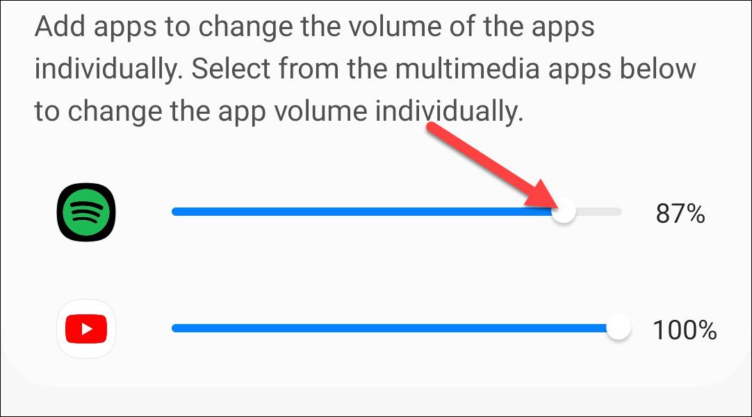 Управление громкостью для отдельно добавленных приложений в Sound Assistant.