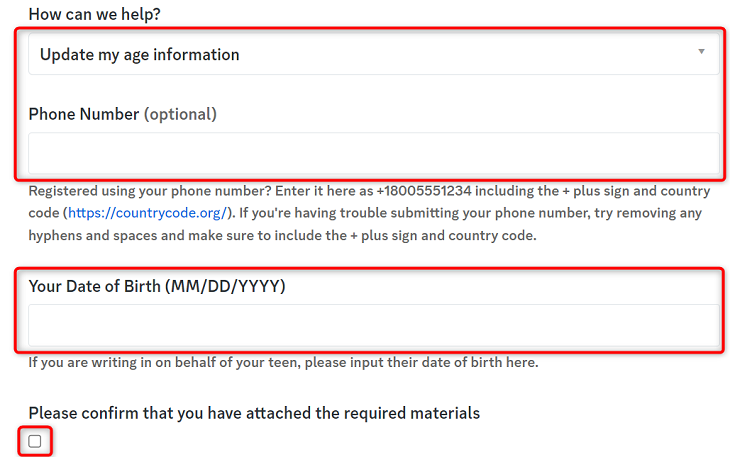 Онлайн‑форма Discord для обновления возраста в аккаунте