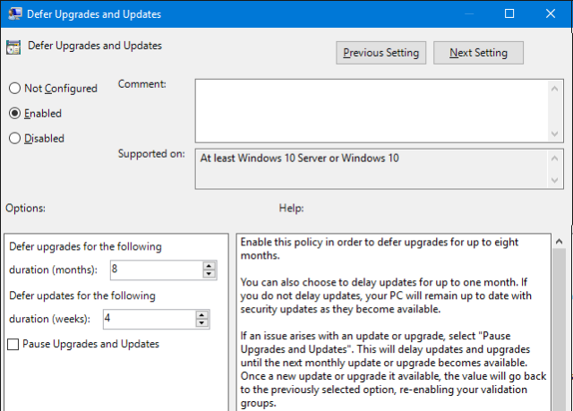 Параметры отложенных обновлений в Windows Update