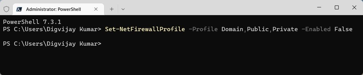 PowerShell с командами для отключения брандмауэра