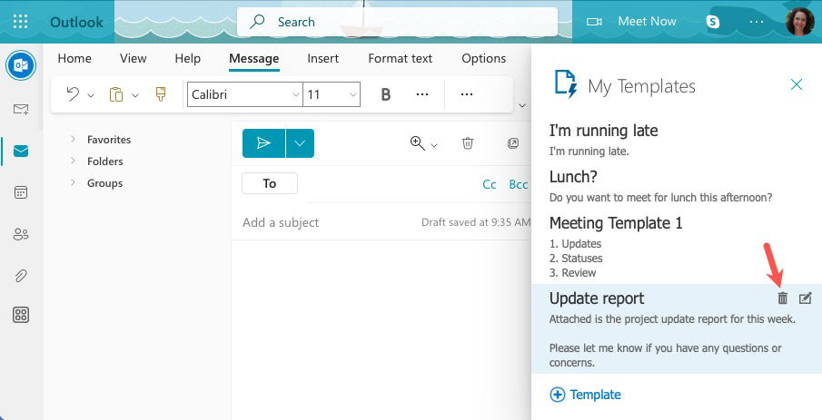 Кнопка удаления шаблона в вебе