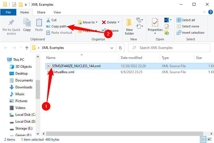 Выберите файл, затем нажмите «Copy Path» в верхней панели.