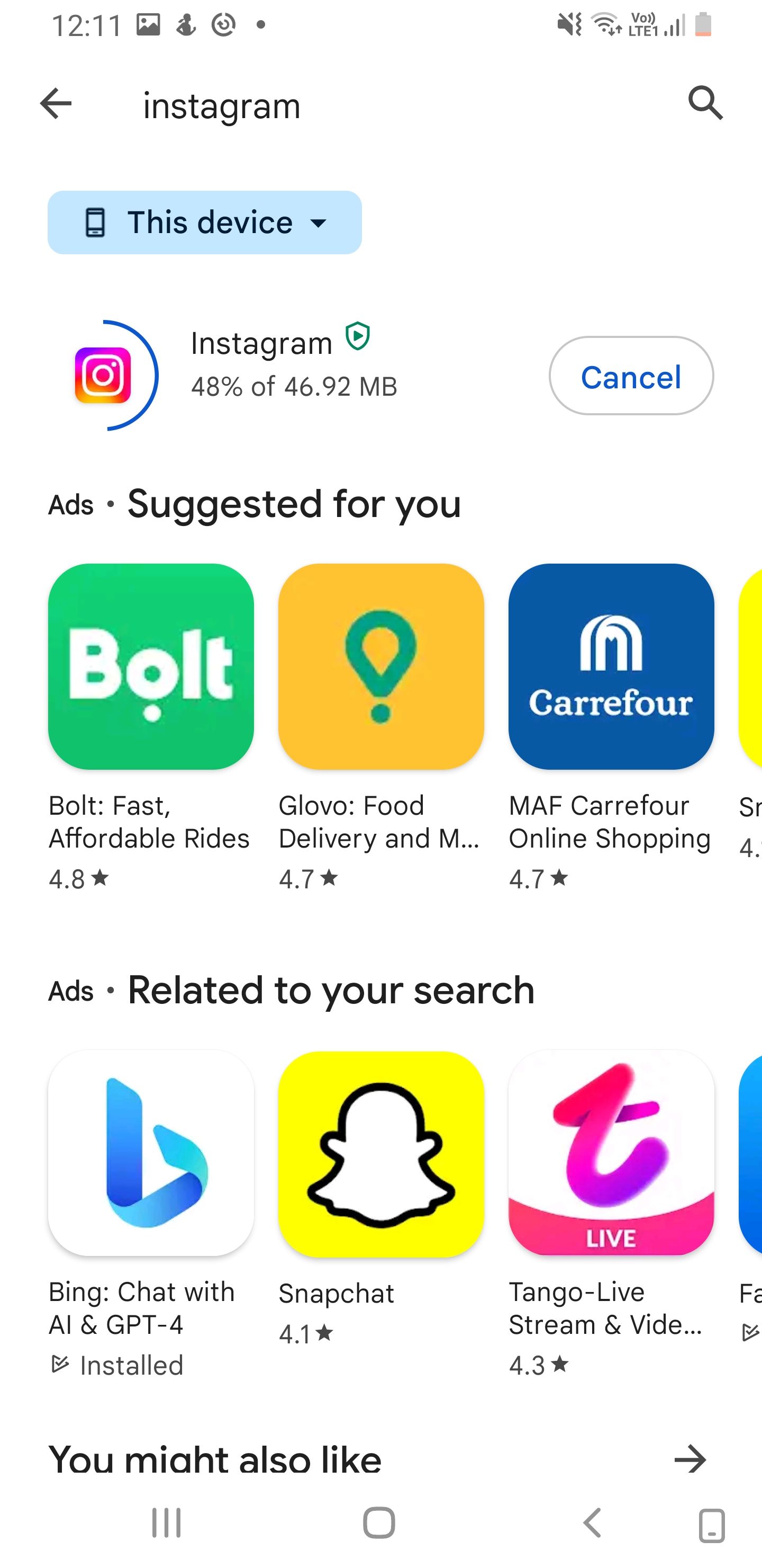 Загрузка обновления Instagram в Google Play Store