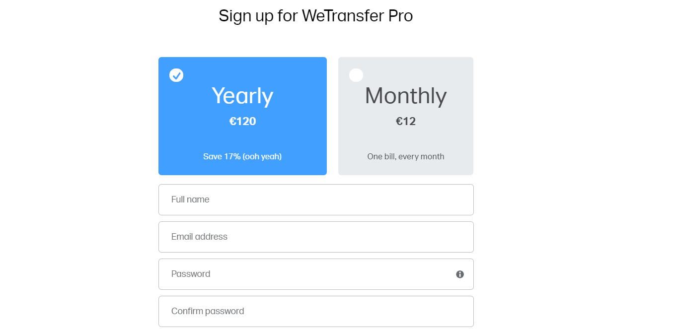 Сравнение тарифов WeTransfer с месячной и годовой оплатой