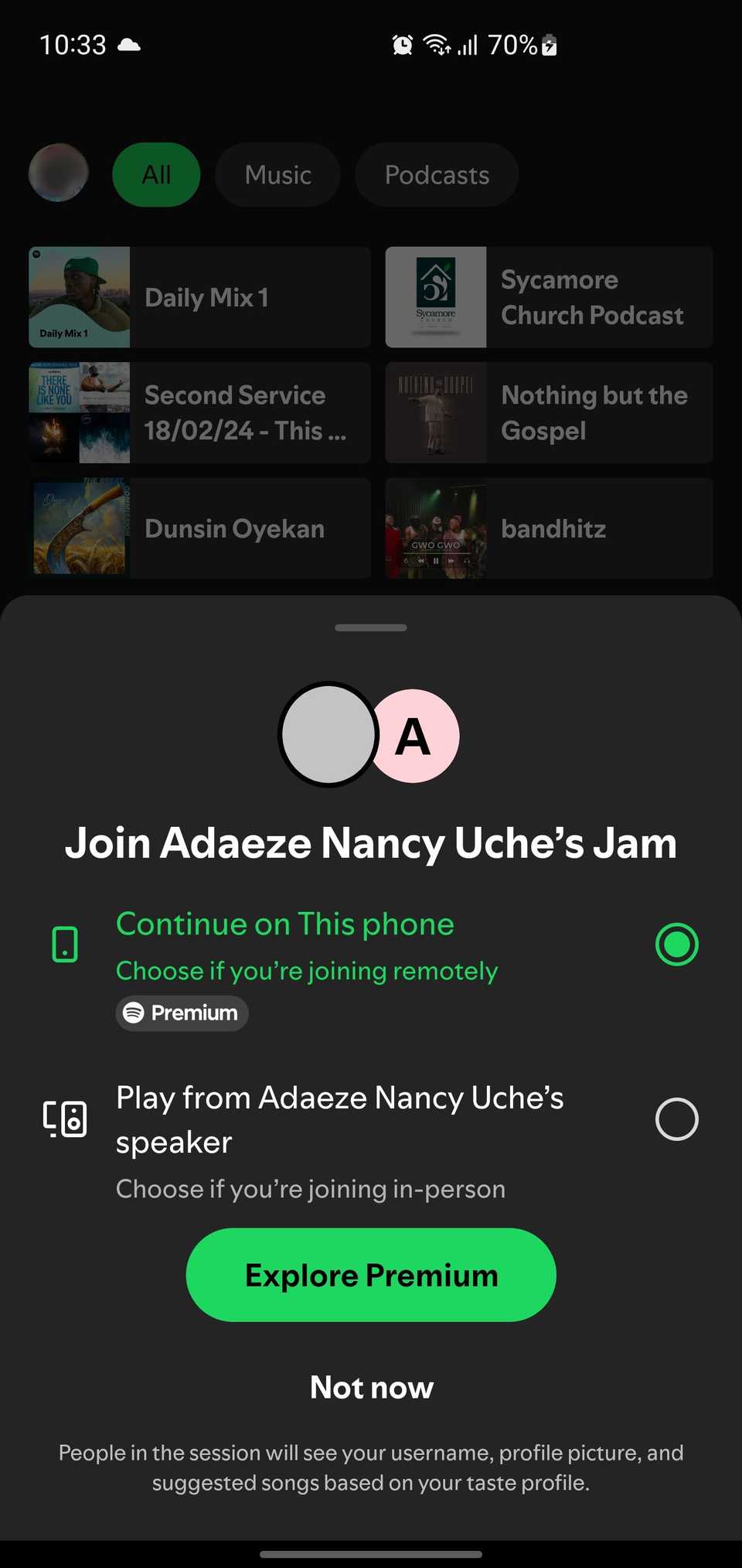 Страница присоединения к Jam в мобильном Spotify