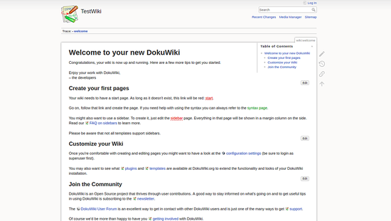 Успешно установлен DokuWiki — главная страница
