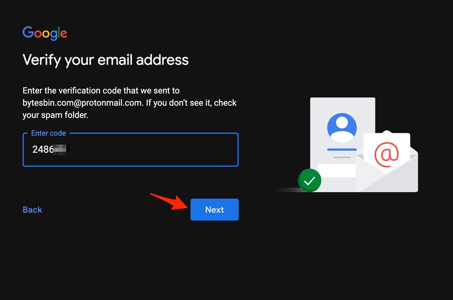 Tela para verificar o endereço de e-mail inserindo o código de verificação