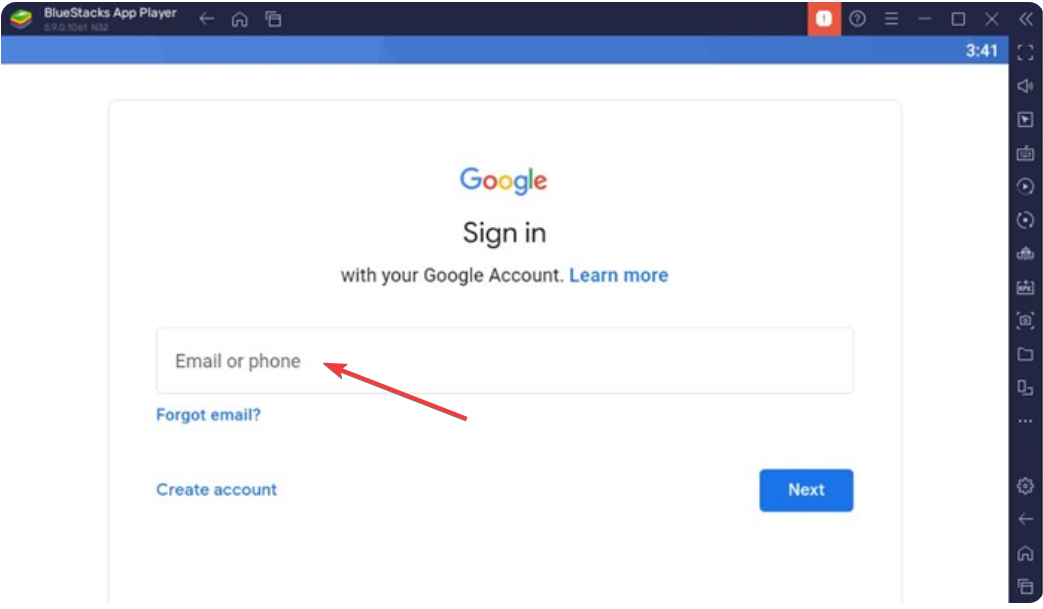 форма входа в Google в BlueStacks