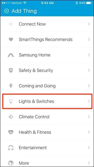 Меню выбора категории устройств — Lights & Switches