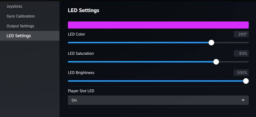 LED settings for the PS5 controller in Steam