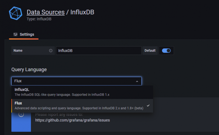 Выбор языка запросов Grafana