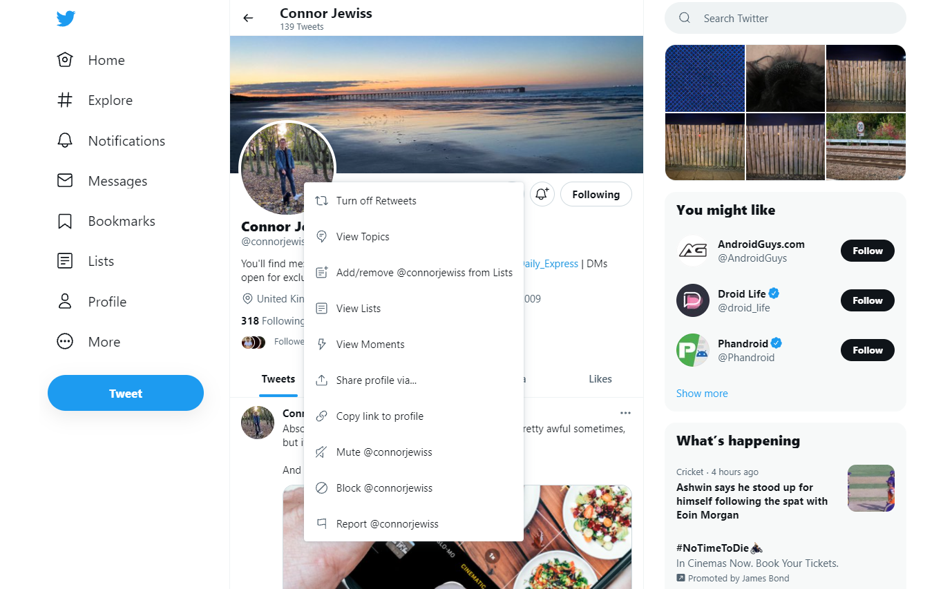 Опция блокировки аккаунта Twitter