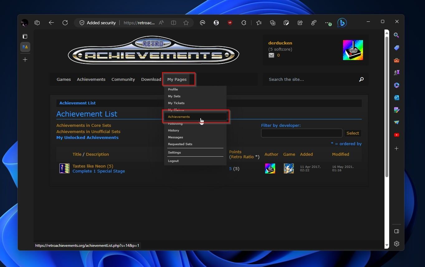 Раздел «Достижения» в пользовательском меню RetroAchievements