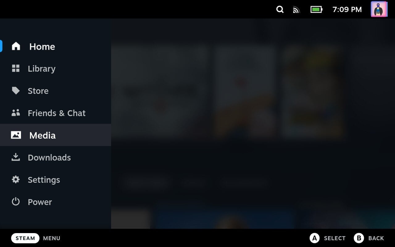 Опция «Медиа» в меню Steam Deck