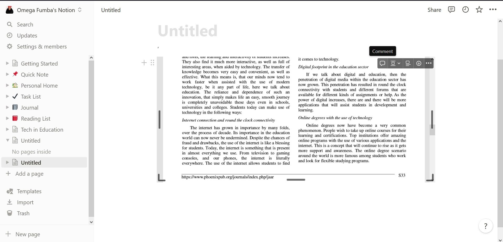 Добавление комментария к PDF в Notion