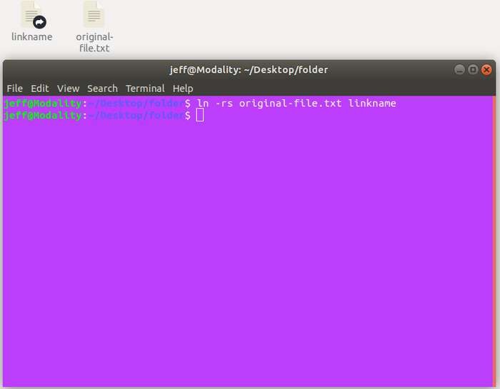 Изображение: пример создания относительной символической ссылки ln -s -r
