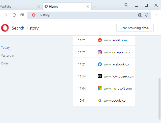 Страница истории Opera сортирует ссылки по дате. Нажмите любую, чтобы открыть её в новой вкладке.