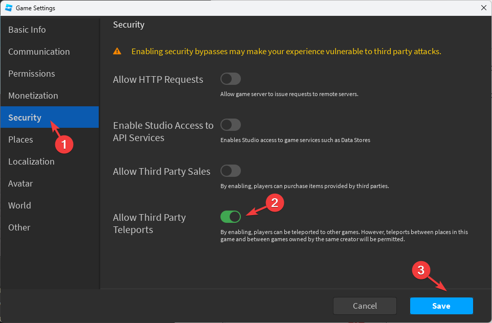 Настройки — разрешить сторонние телепорты