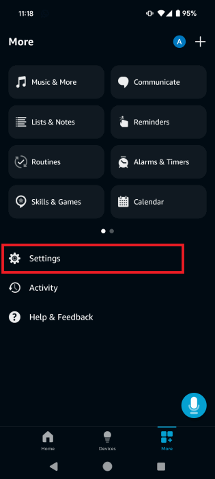Переход в Настройки в приложении Alexa