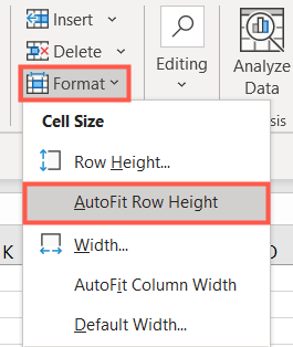 Выбор команды «AutoFit Row Height» для строк