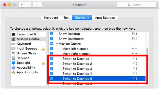 Назначение сочетаний клавиш для рабочих столов в настройках