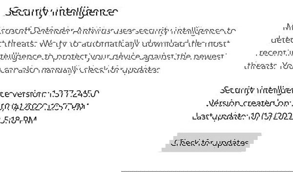 Кнопка Проверить обновления защита Windows Defender