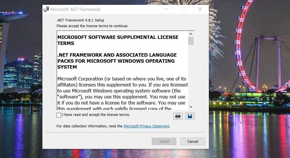 Окно установки Microsoft .NET Framework