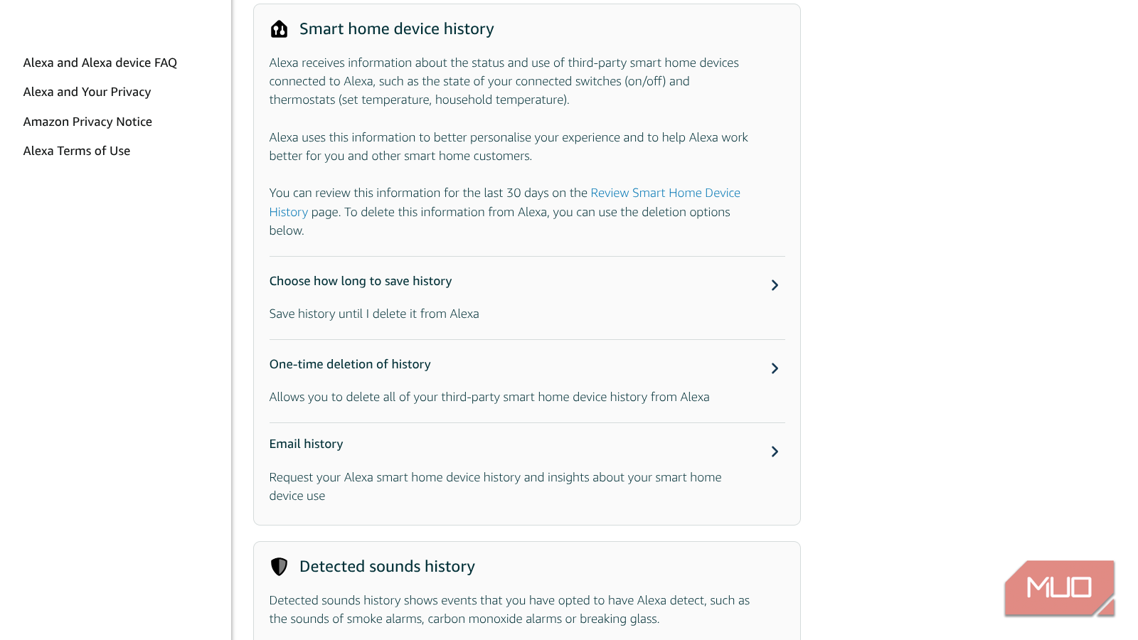 The smart home device history page on Amazon