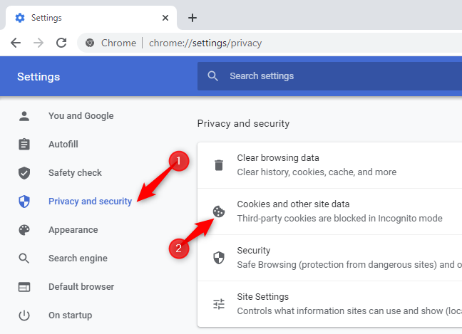 Выберите «Файлы cookie и другие данные сайтов».