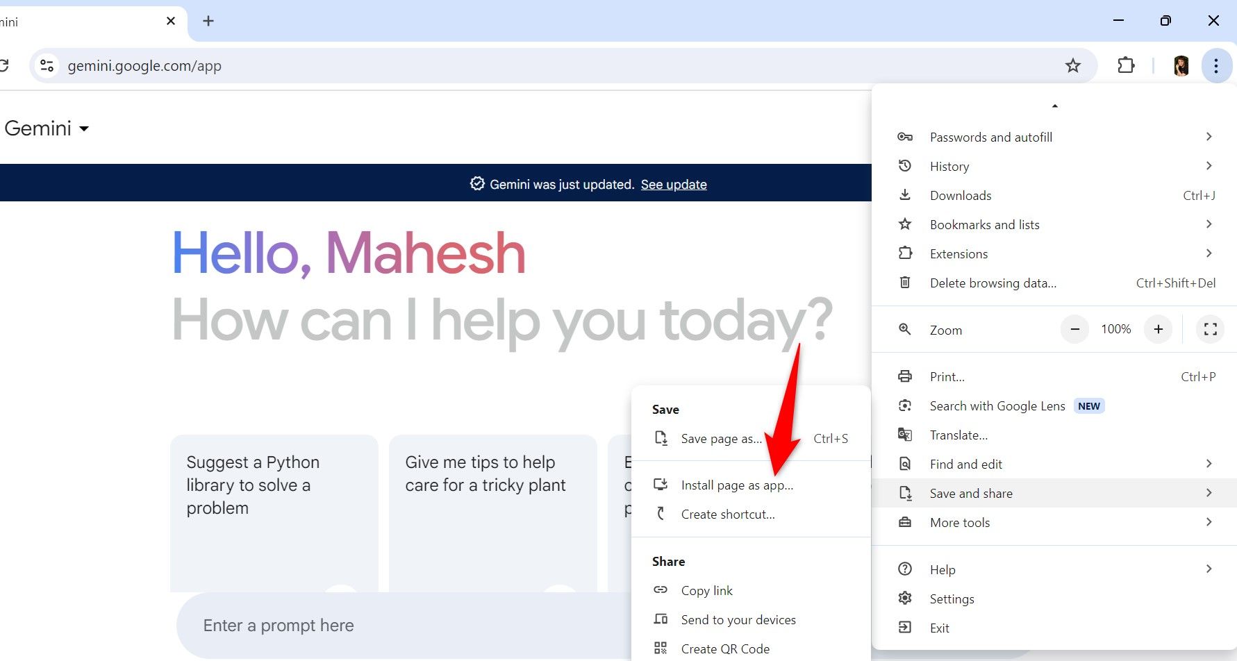 'Install Page as App' выделена для Gemini в Chrome.