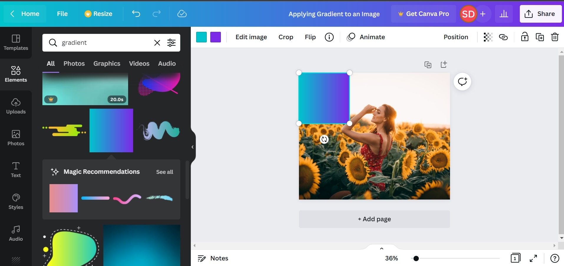 Поиск градиента в Elements