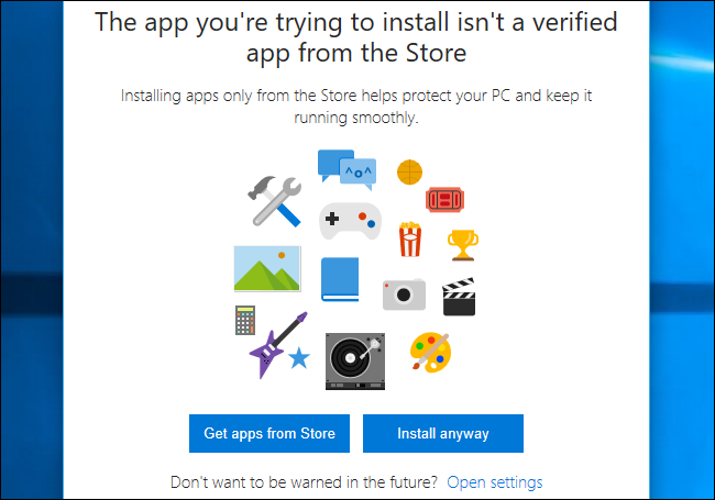 Диалог с предложением «Установить в любом случае» для приложения не из Магазина