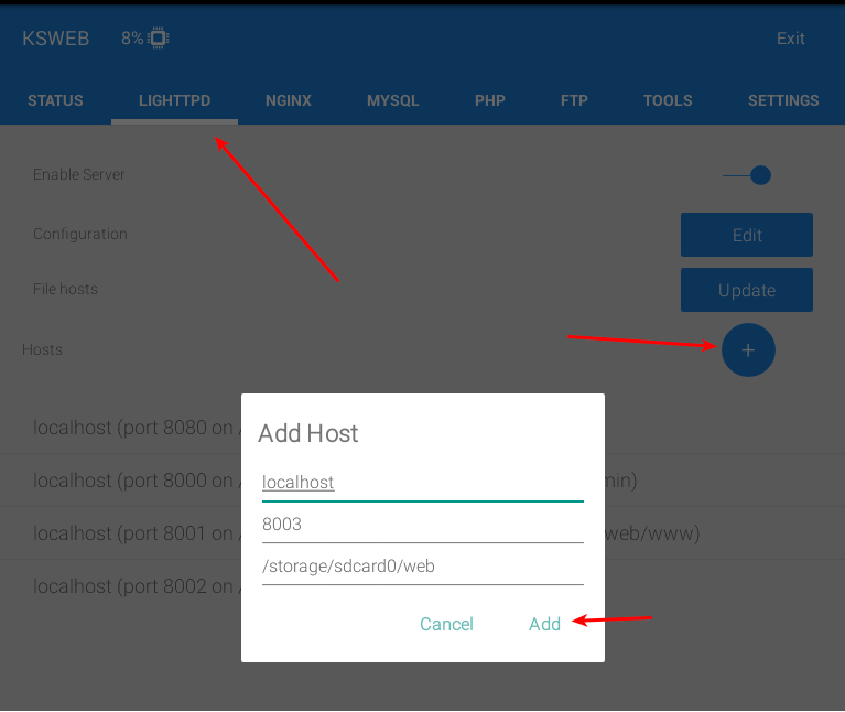 Добавление хоста и изменение корневой директории в KSWEB