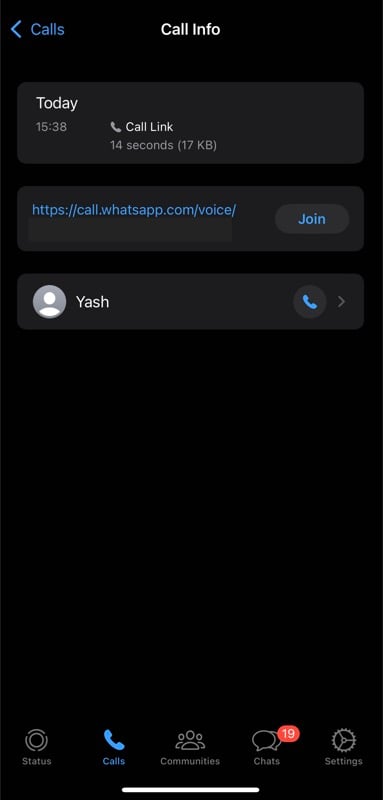 Повторное использование ссылки на звонок WhatsApp