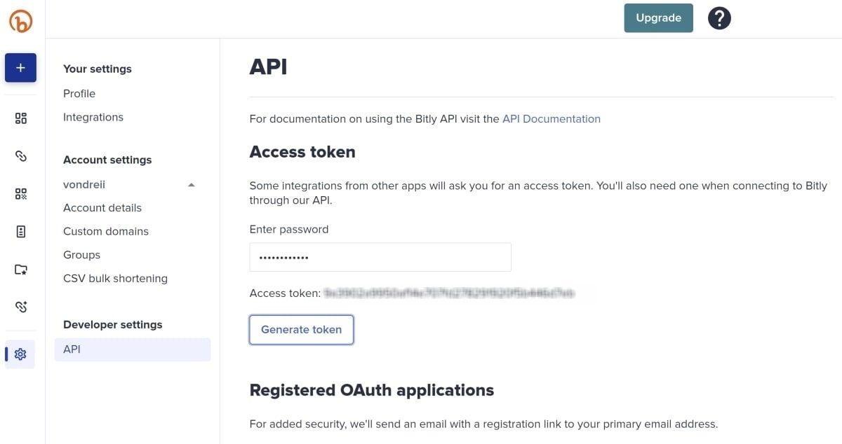 Bitly generate new access token page