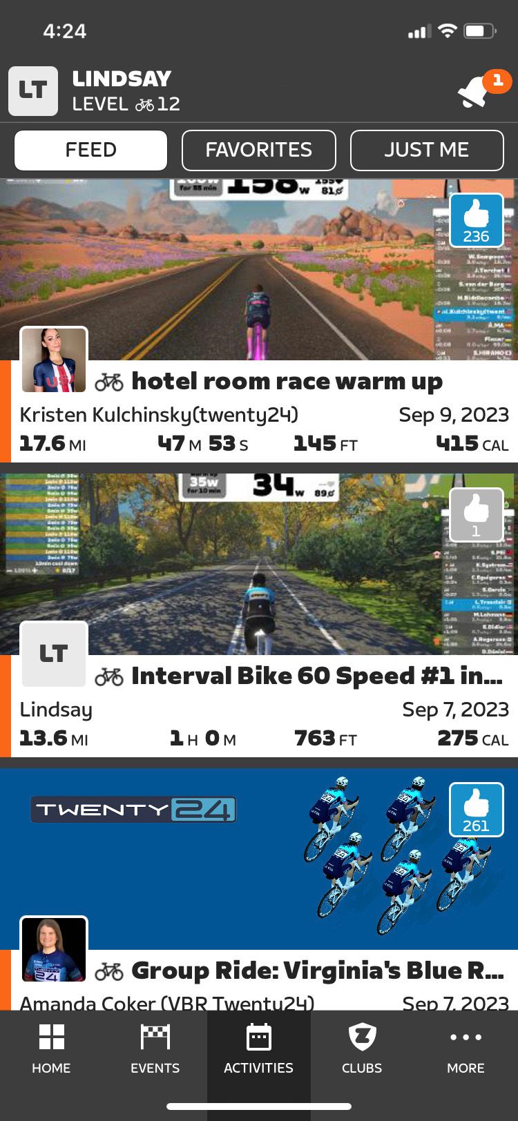 Zwift Companion app activities screen with additional examples