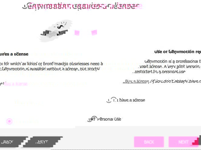 Выбор лицензии Genymotion — личное использование