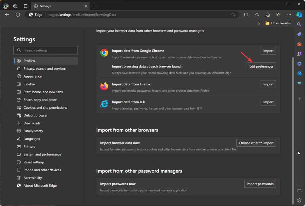 Редактирование настроек импорта данных