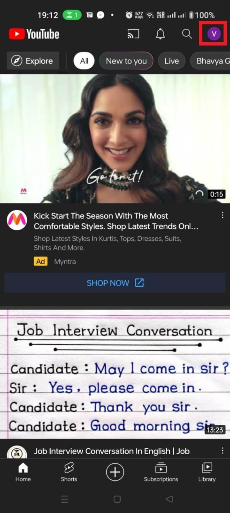 ajustes de cuenta en la app de YouTube