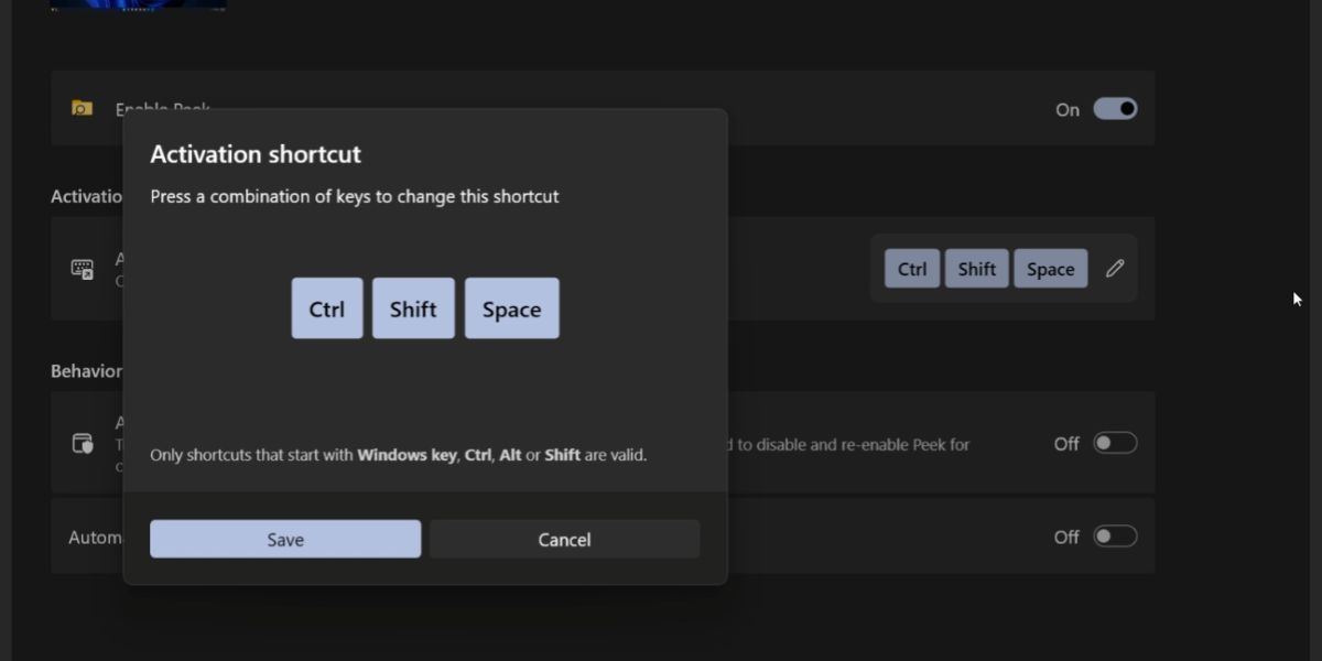 Назначение сочетания клавиш для Peek