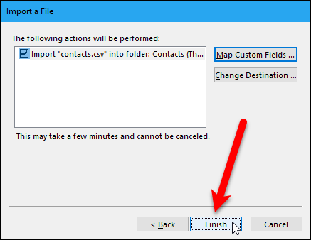 Кнопка Готово для завершения импорта в Outlook