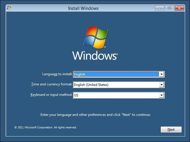 Экран установки Windows 8