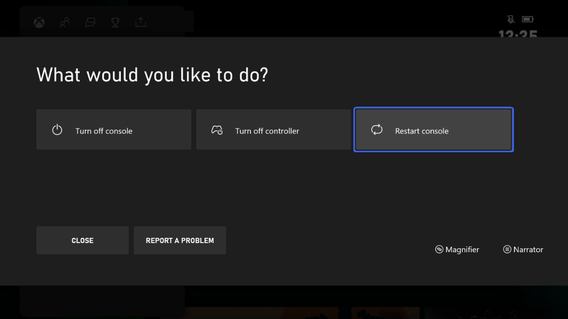 Меню питания консоли Xbox