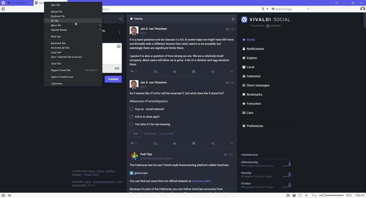 Закрепление активной вкладки Vivaldi Social в браузере Vivaldi